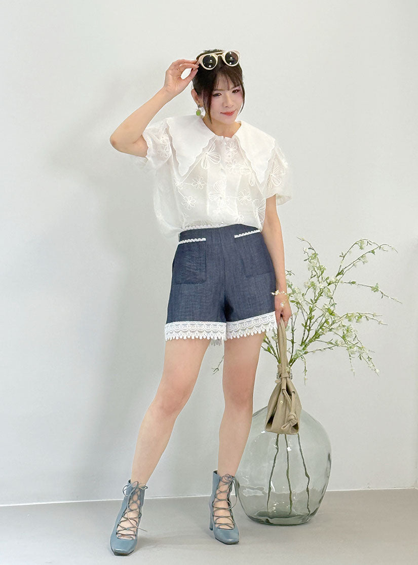 Lace Trim Denim Look Shorts (2 Colours)