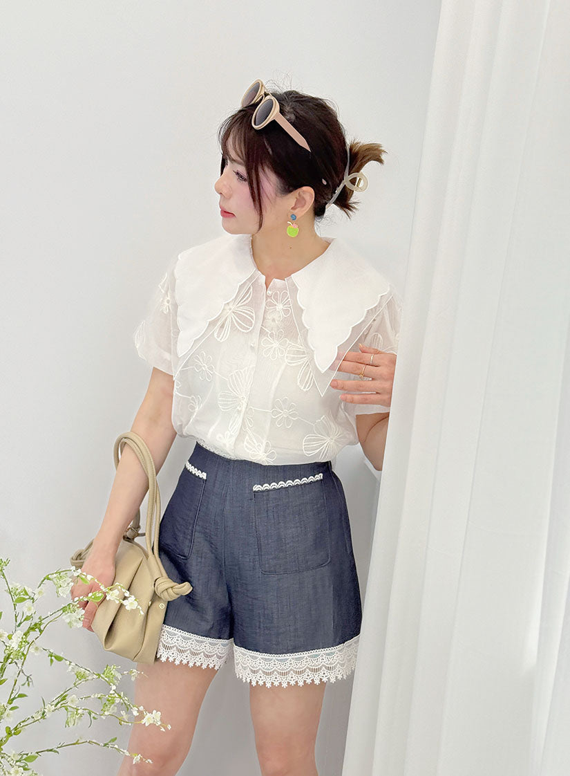 Lace Trim Denim Look Shorts (2 Colours)