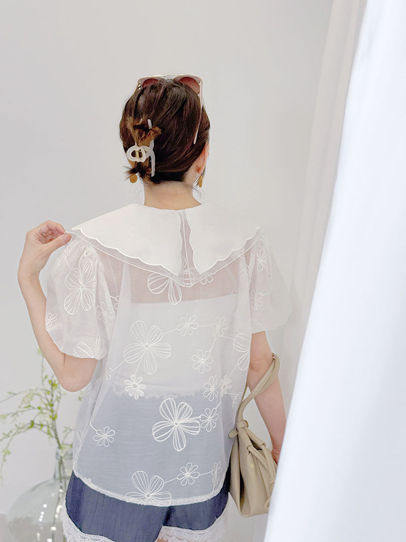 Pointed Collar Floral Embroidered Organza Blouse