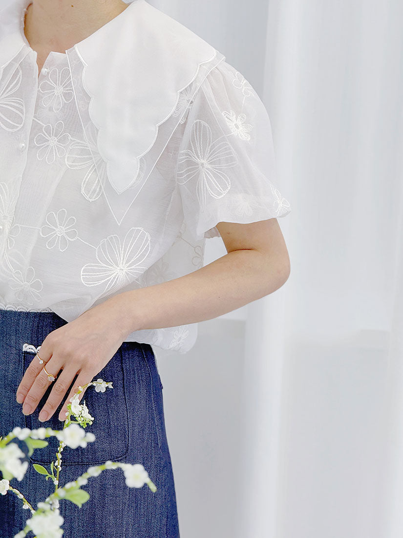 Pointed Collar Floral Embroidered Organza Blouse