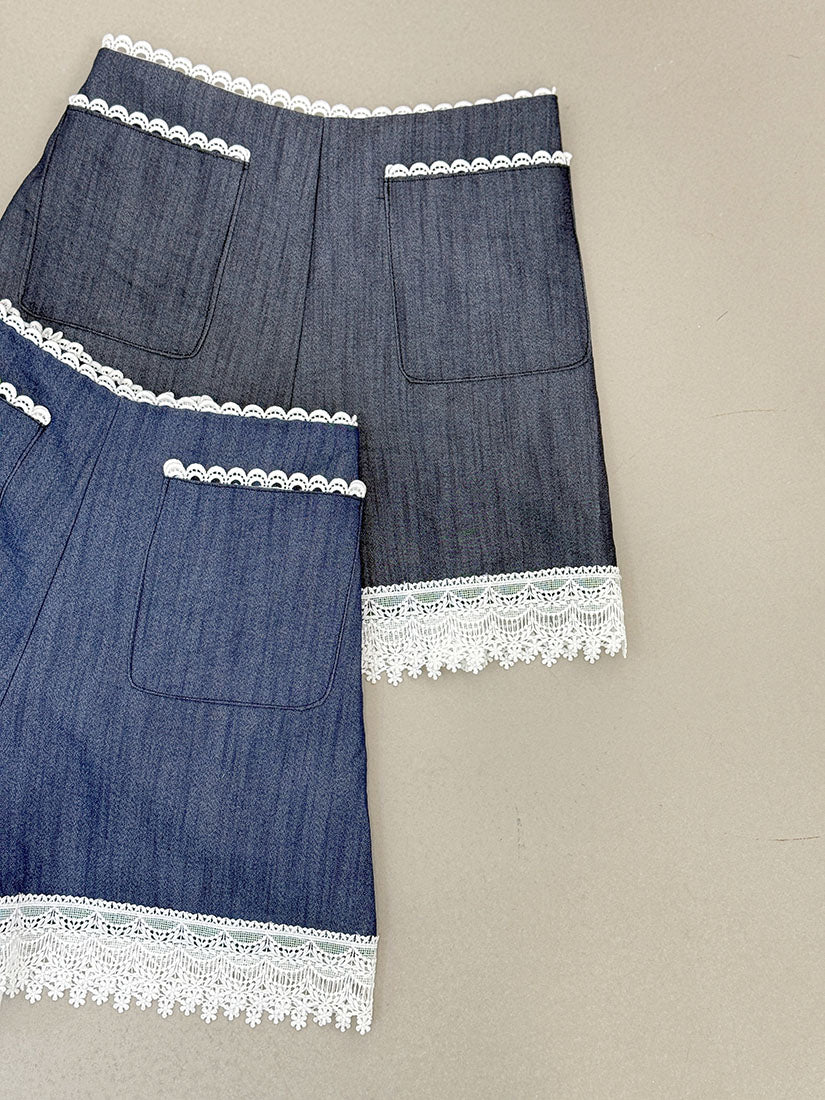 Lace Trim Denim Look Shorts (2 Colours)
