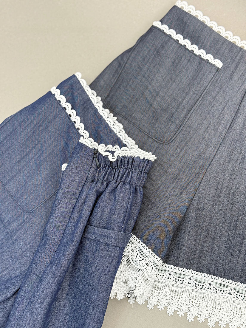Lace Trim Denim Look Shorts (2 Colours)