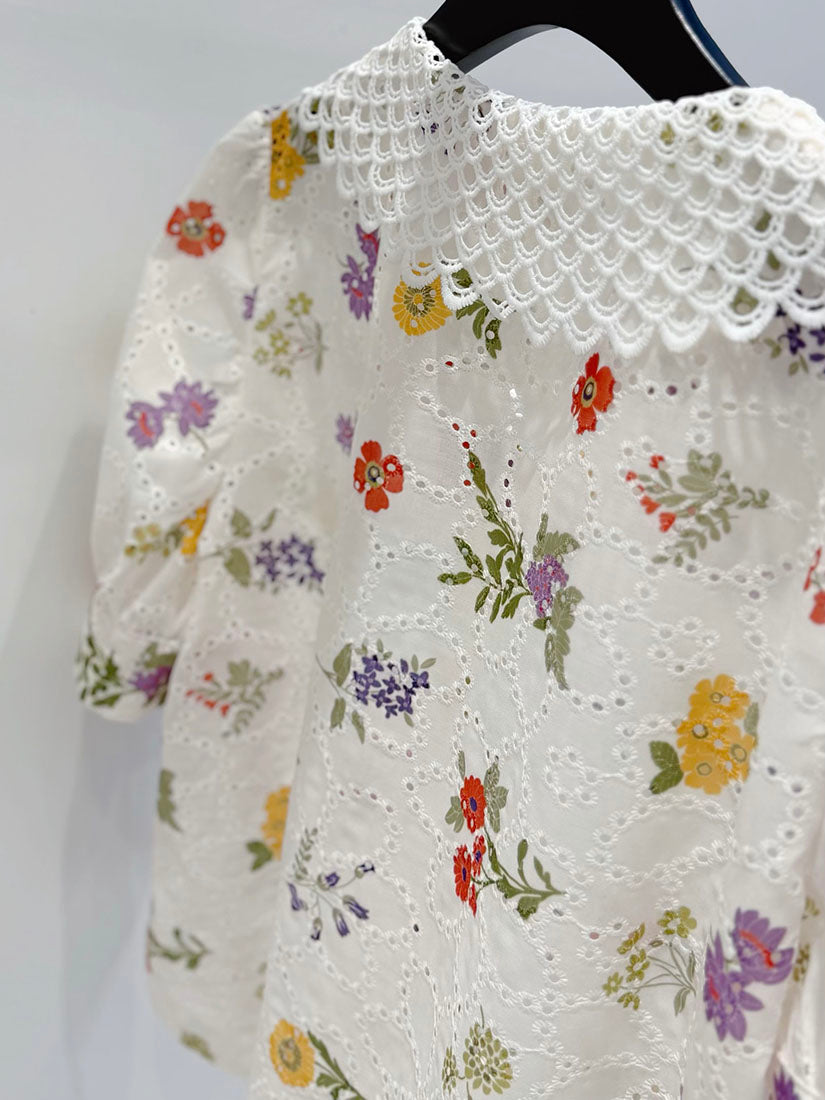 Lace Collar Floral Perforated Shirt