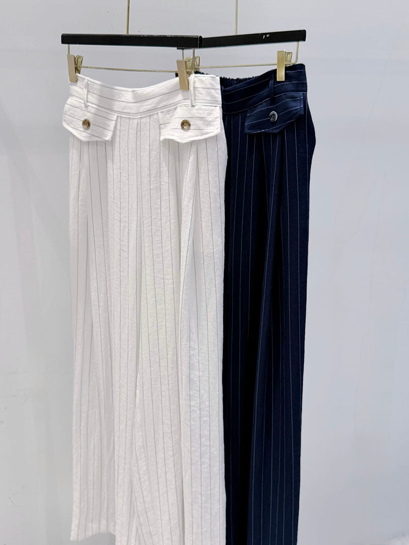 Flap Detailed Pin-Striped Wide Leg Pants (2 Colours)