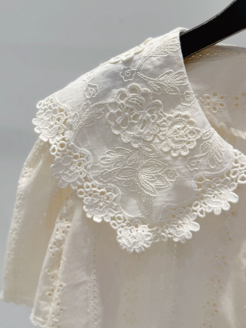 Platter Collar Floral Embroidered Perforated Blouse