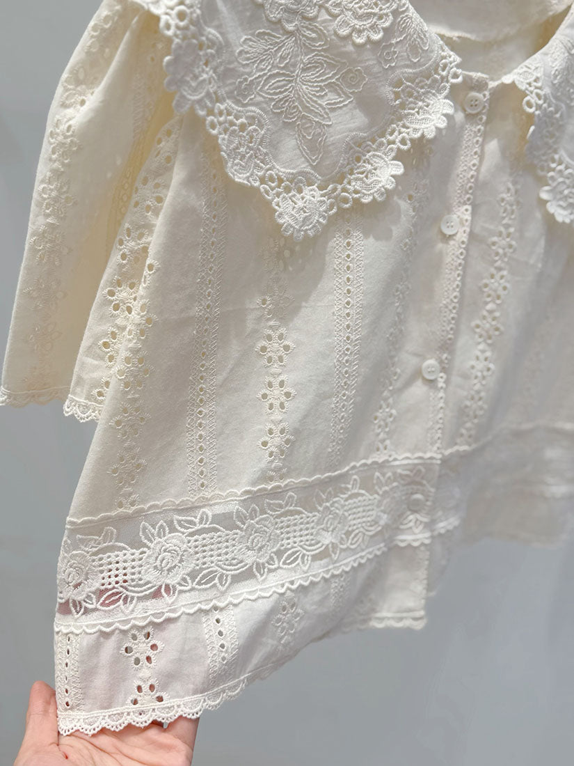 Platter Collar Floral Embroidered Perforated Blouse