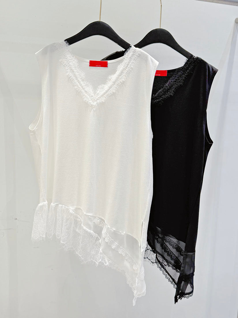 Asymmetric Hem Lace Trim V Neck Sleeveless Top (2 Colours)