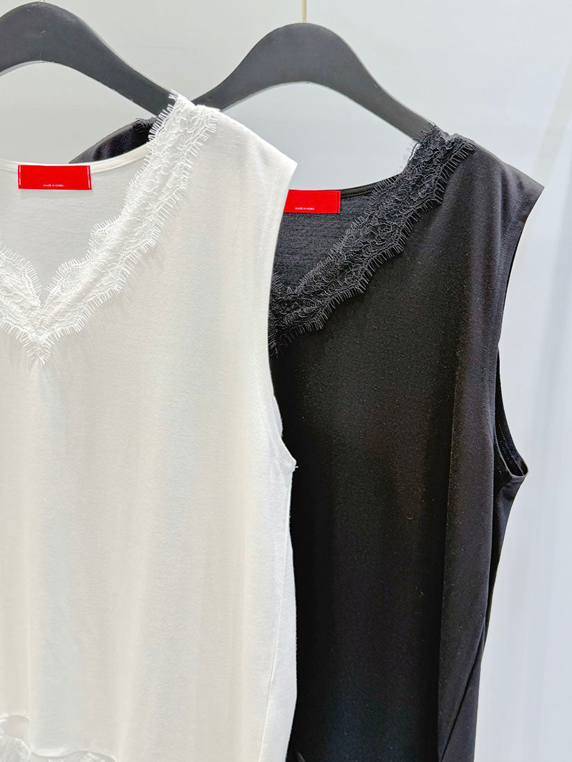 Asymmetric Hem Lace Trim V Neck Sleeveless Top (2 Colours)