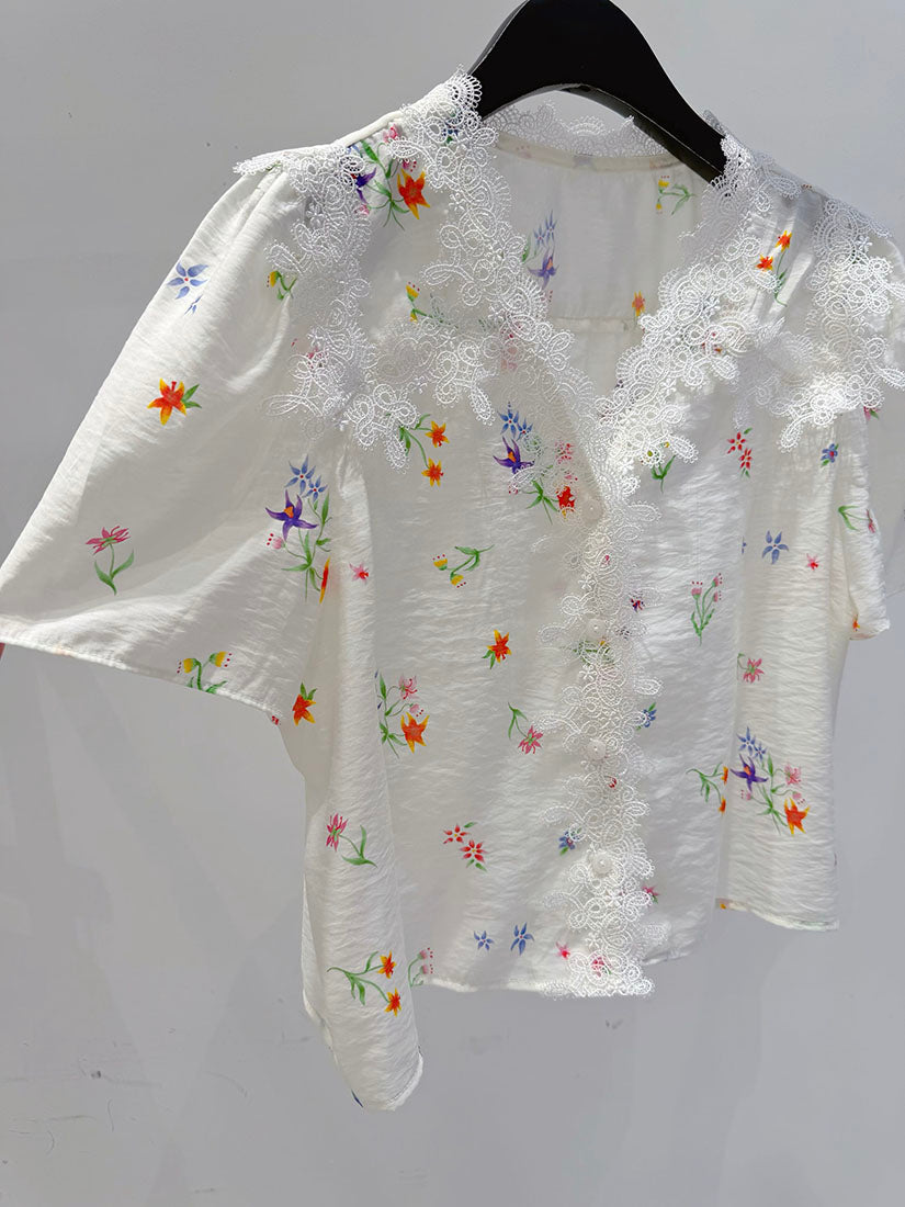 Lace Trim Floral V Neck Button Up Blouse
