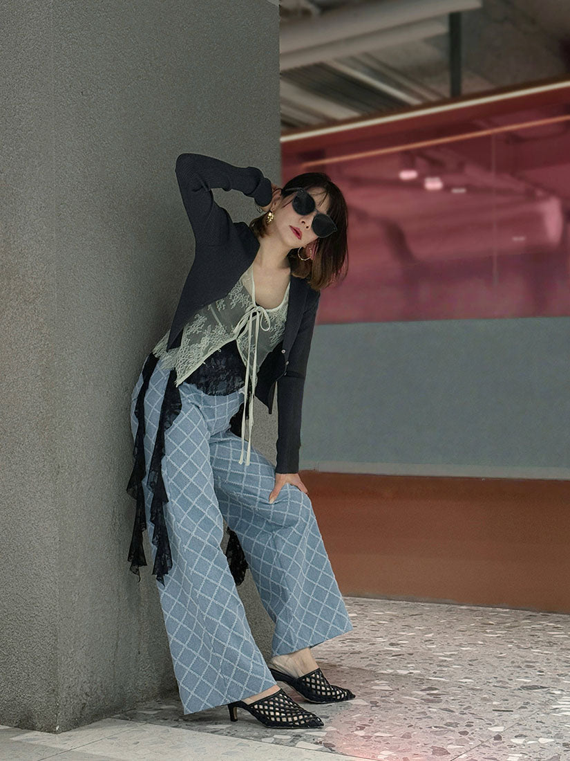 Lace Trim Tuck Check Denim Pants