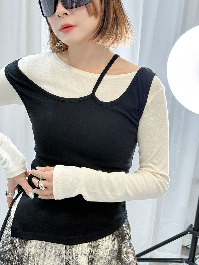 Cut Out Tank Top With Long Sleeve Top Set (2 Colours)