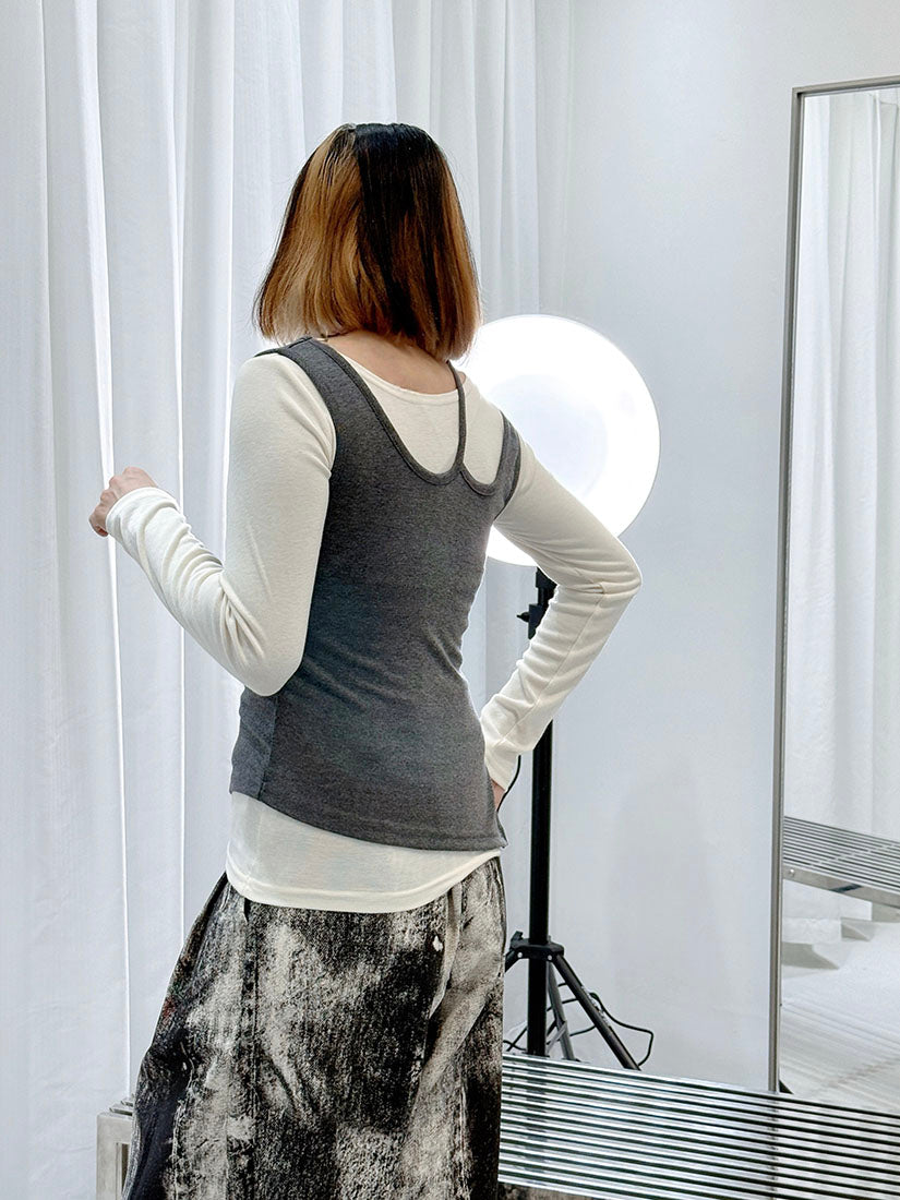 Cut Out Tank Top With Long Sleeve Top Set (2 Colours)