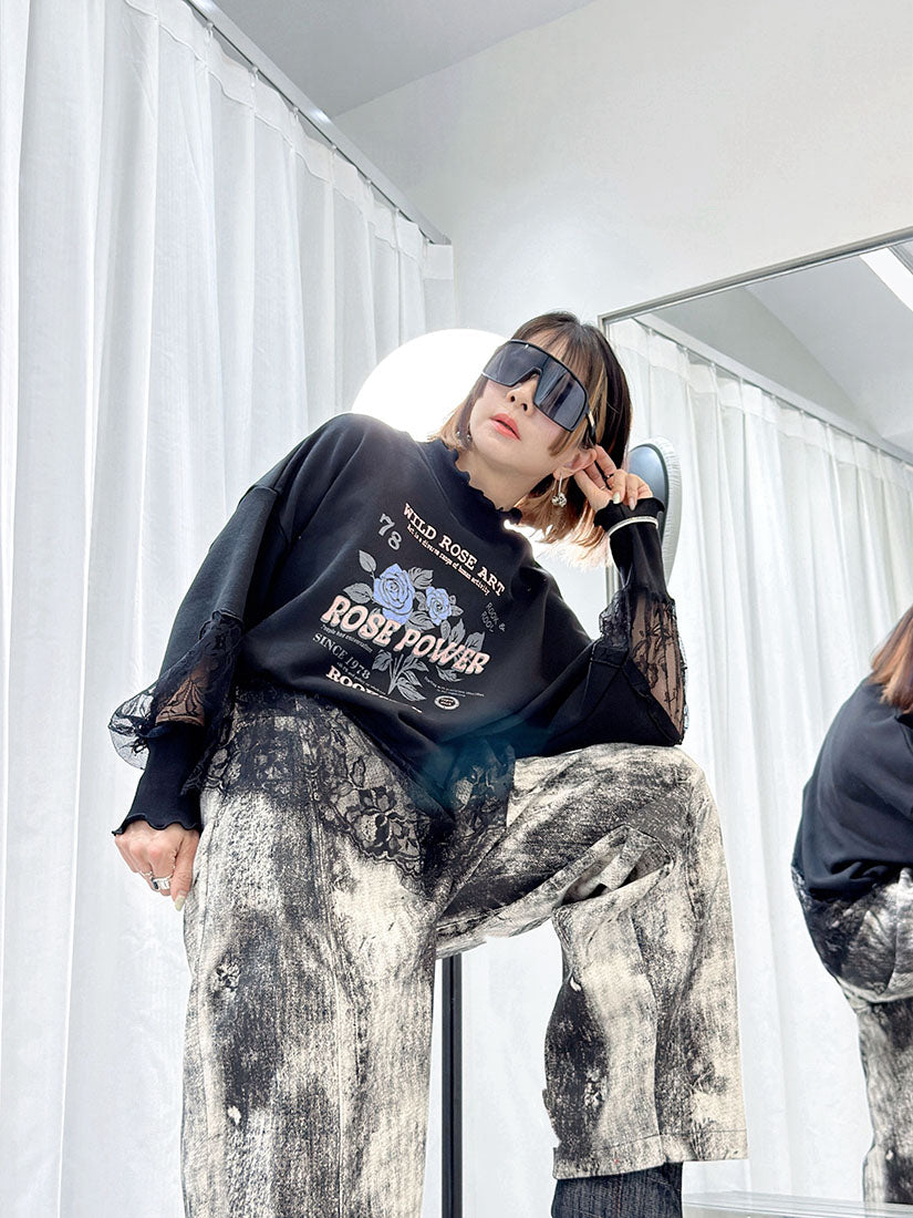 Lace Trim 'Rose Power' Sweatshirt (2 Colours)