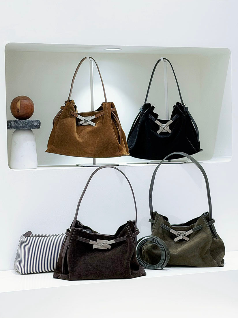 Buckle Strap Detail Suede Shoulder Bag (4 Colours)