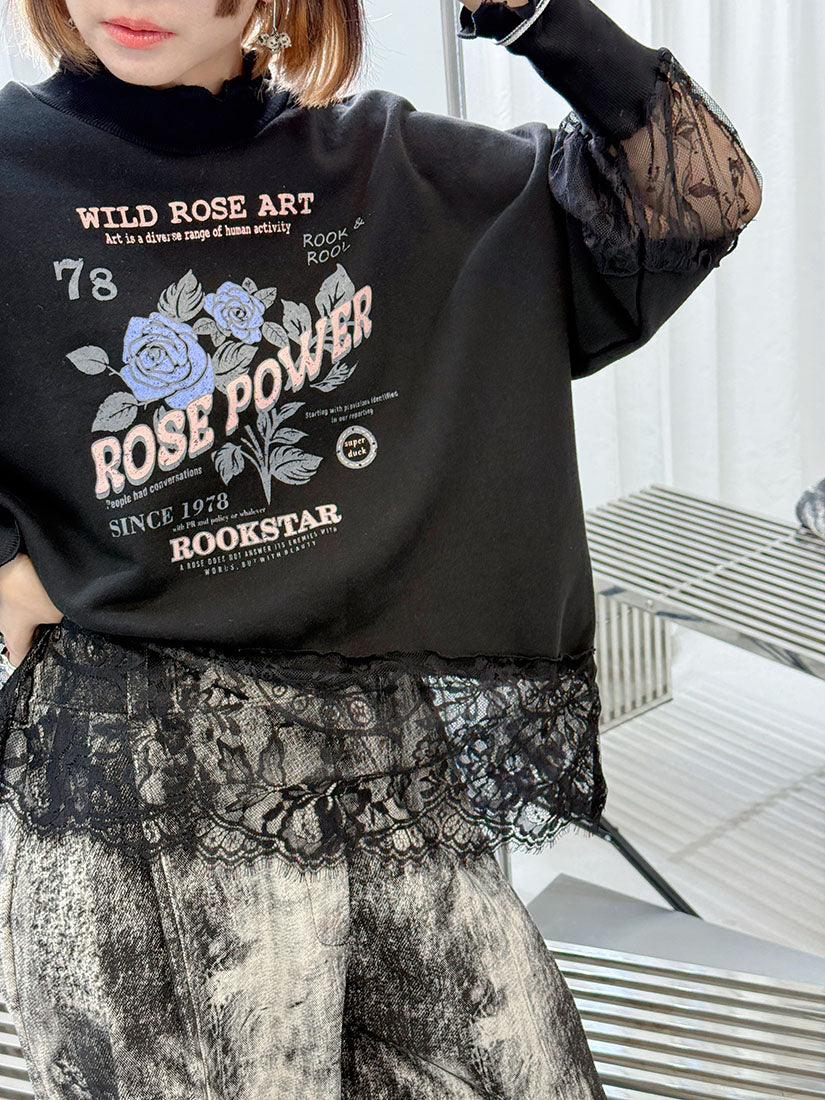 Lace Trim 'Rose Power' Sweatshirt (2 Colours)