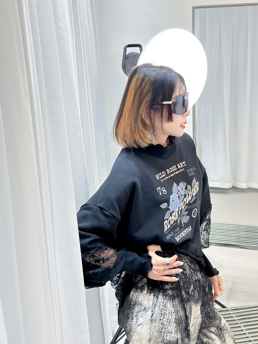 Lace Trim 'Rose Power' Sweatshirt (2 Colours)