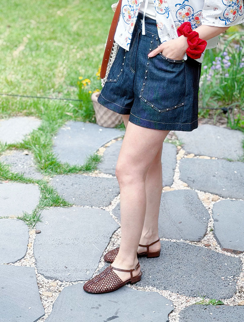 Material Bead Stud Denim Shorts (2 Colours)