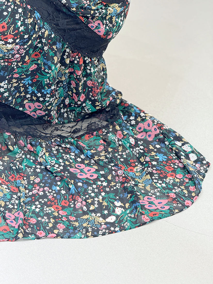 Lace Trim Floral Printed Chiffon Tiered Skirt
