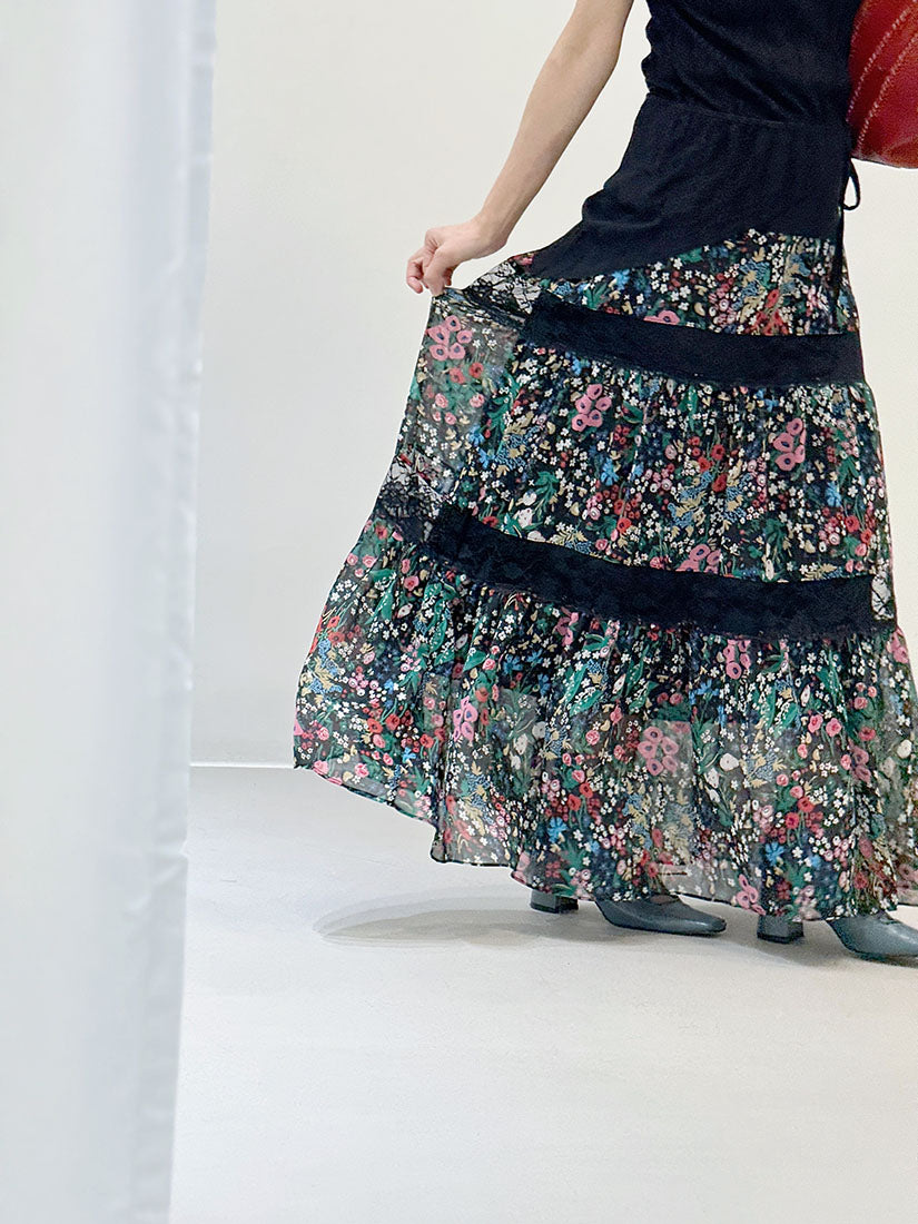 Lace Trim Floral Printed Chiffon Tiered Skirt