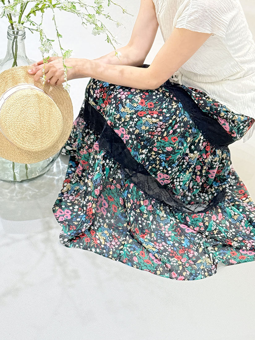 Lace Trim Floral Printed Chiffon Tiered Skirt