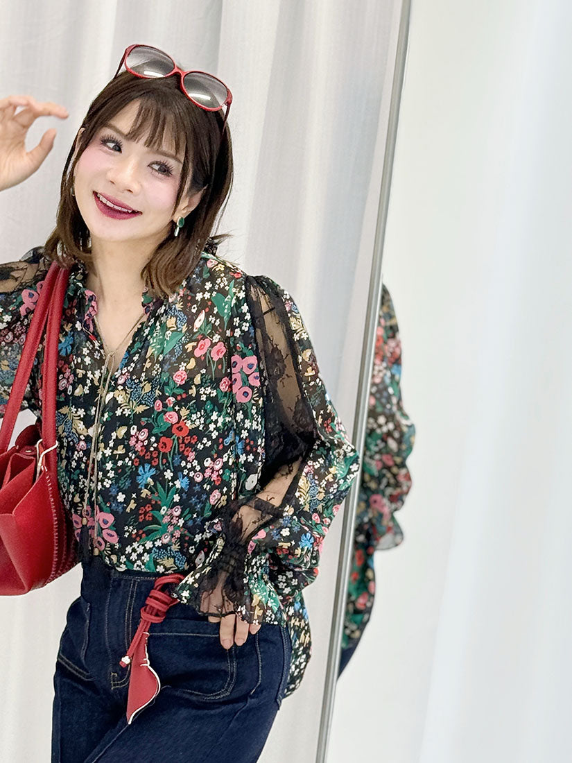 Lace Trim Floral Printed Chiffon Blouse