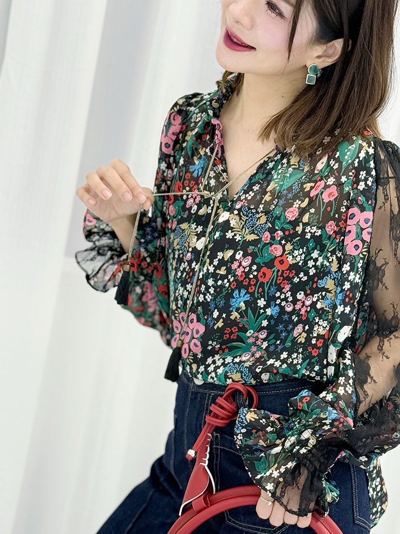 Lace Trim Floral Printed Chiffon Blouse