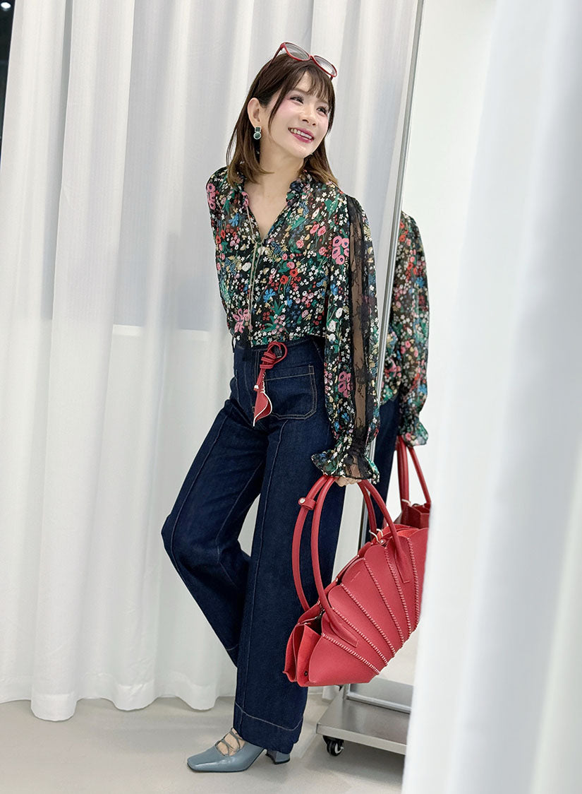 Lace Trim Floral Printed Chiffon Blouse