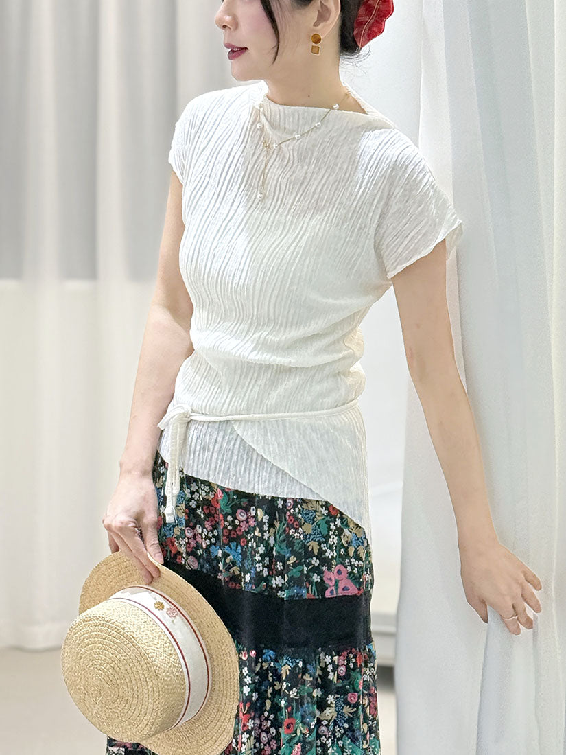 Mock Neck Sleeveless Wrinkle Top With Waist Belt (2 Colours)