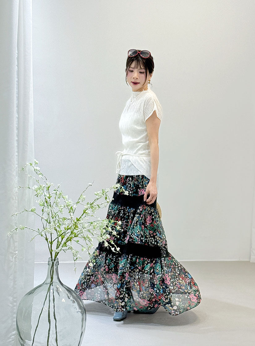 Lace Trim Floral Printed Chiffon Tiered Skirt