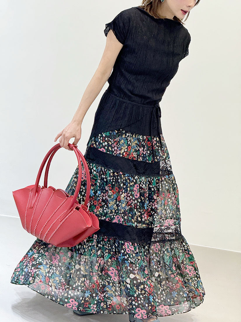 Lace Trim Floral Printed Chiffon Tiered Skirt
