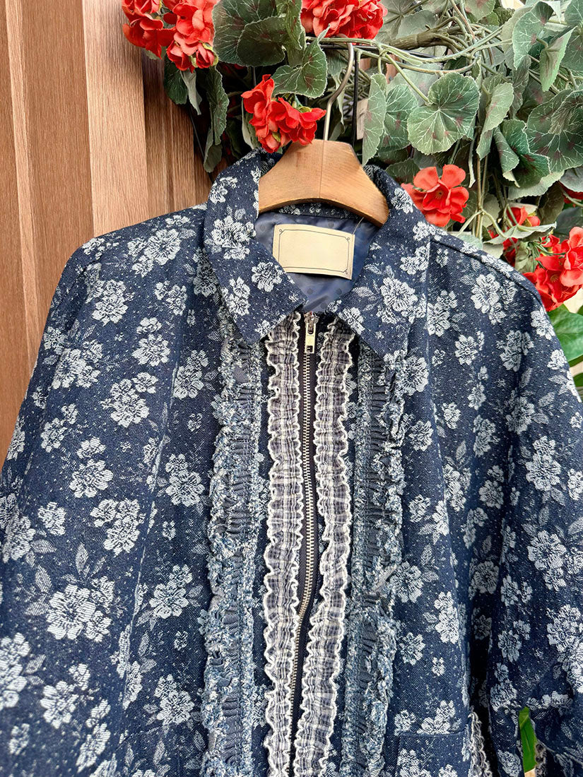 Navy Floral With Ruffle Lace Shirt Jacket