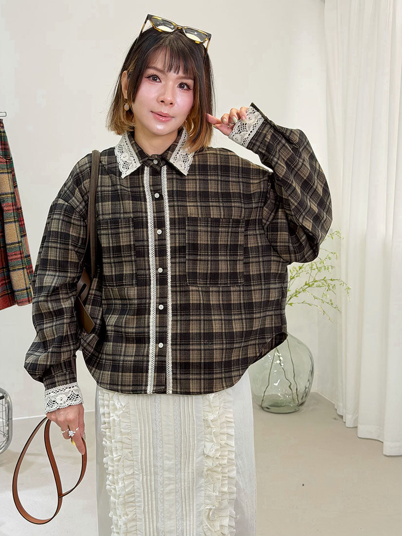 Lace Trim Black Watch Plaid Shirt (2 Colours)