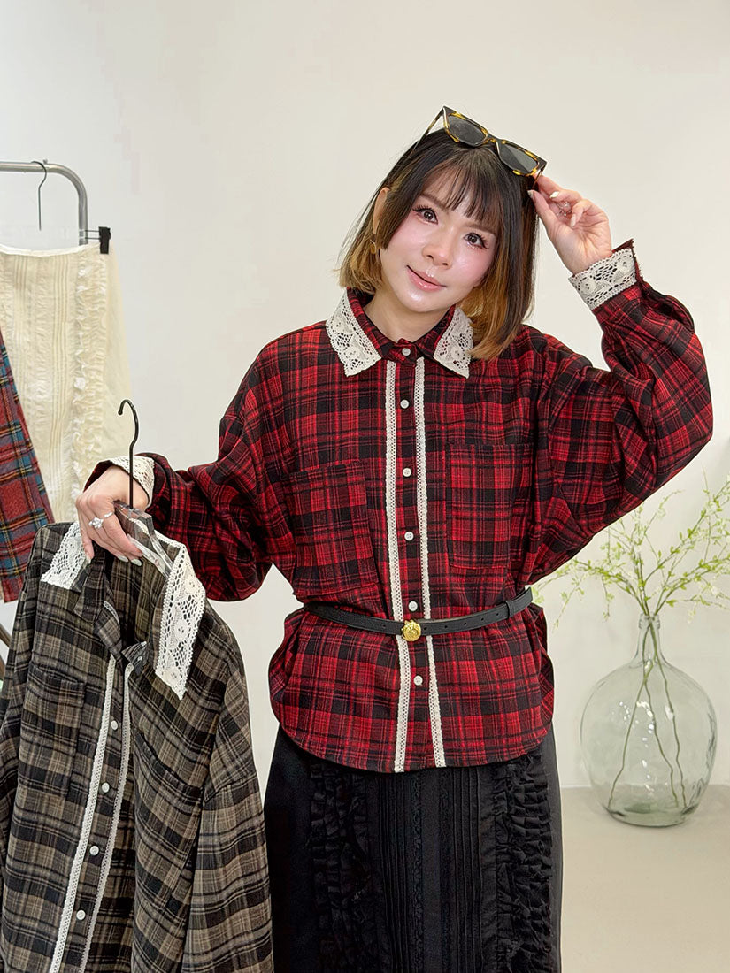 Lace Trim Black Watch Plaid Shirt (2 Colours)