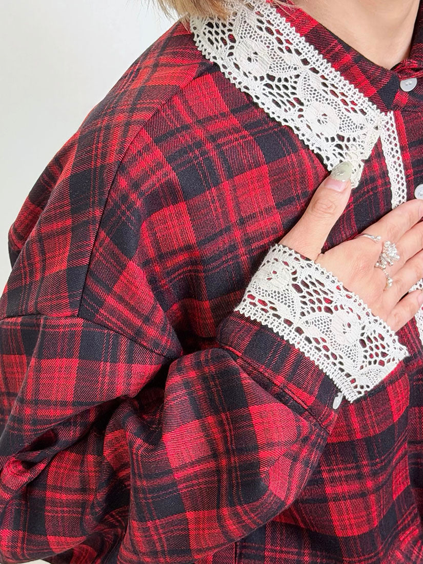 Lace Trim Black Watch Plaid Shirt (2 Colours)