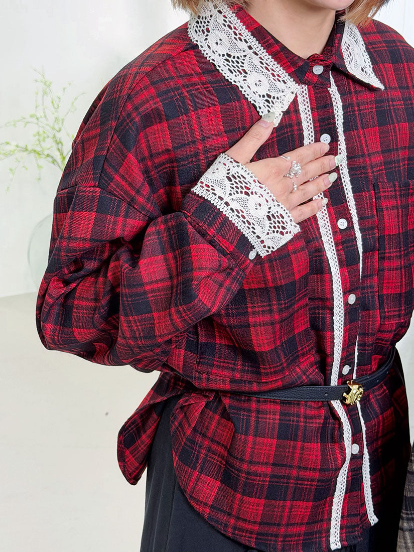 Lace Trim Black Watch Plaid Shirt (2 Colours)