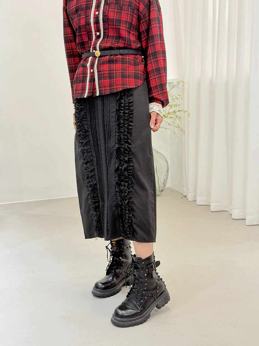 Lace Trim Ruffle Pin-Tuck Front Skirt (2 Colours)