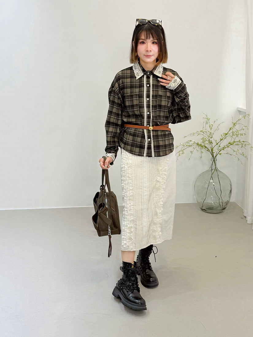 Lace Trim Black Watch Plaid Shirt (2 Colours)