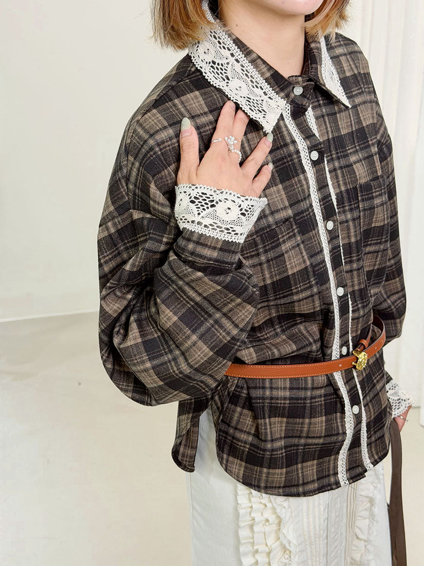 Lace Trim Black Watch Plaid Shirt (2 Colours)