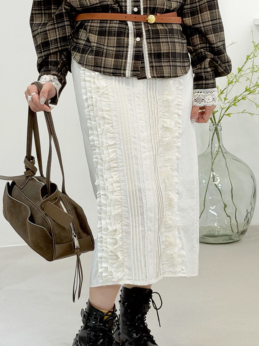 Lace Trim Ruffle Pin-Tuck Front Skirt (2 Colours)