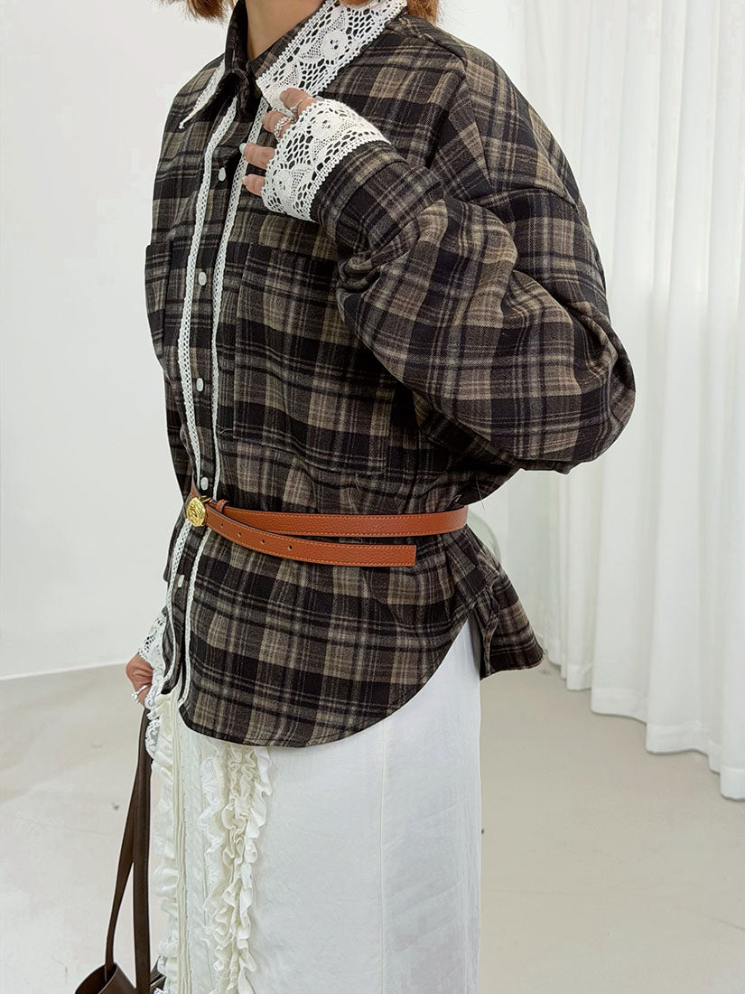 Lace Trim Black Watch Plaid Shirt (2 Colours)