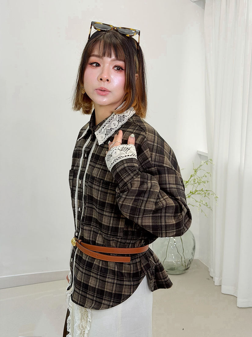Lace Trim Black Watch Plaid Shirt (2 Colours)