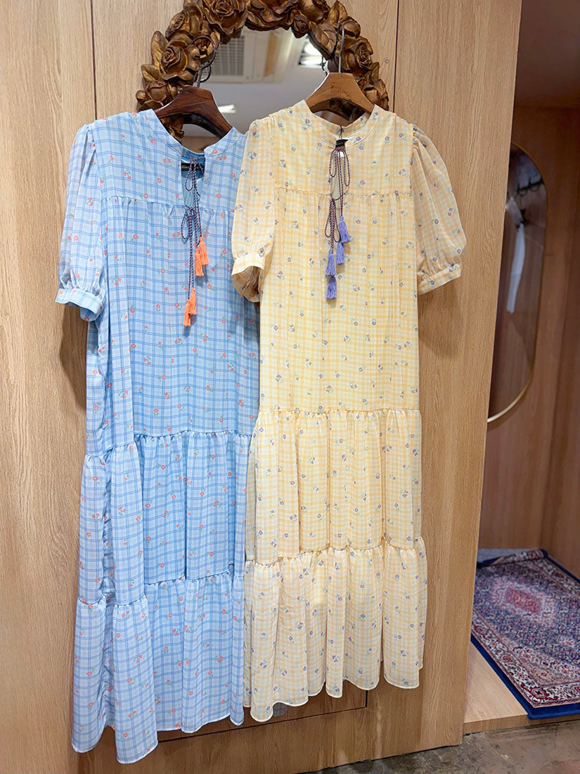 Floral On Check Printed Tiered Dress(2 Colours)