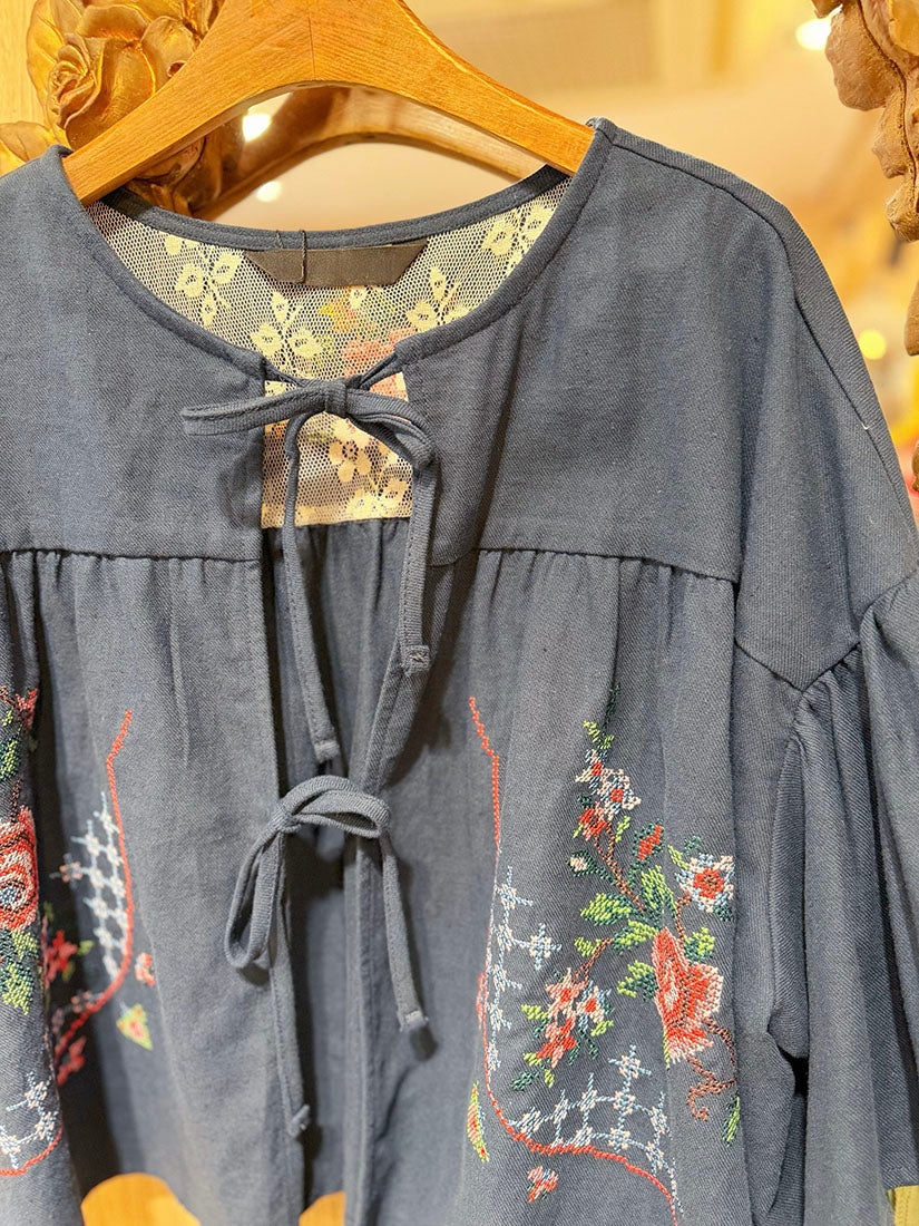 Cross Stitch Embroidered Tie Front Jacket(3 Colours)