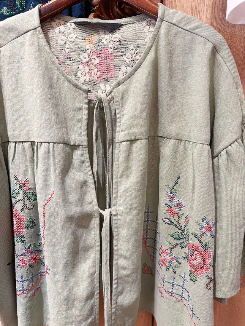 Cross Stitch Embroidered Tie Front Jacket(3 Colours)