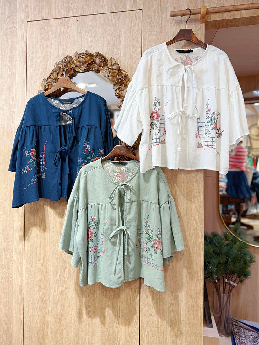 Cross Stitch Embroidered Tie Front Jacket(3 Colours)