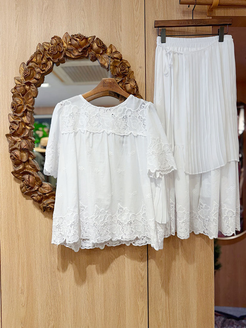Embroidered Lace Hem Skirt With Pleated Waist Scarf(3 Colours)