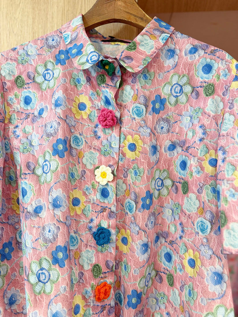 Crochet Floral Printed Blouse(3 Colours)