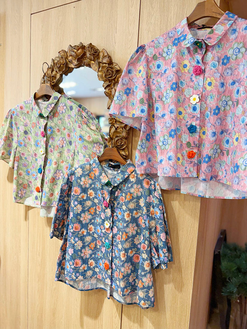 Crochet Floral Printed Blouse(3 Colours)
