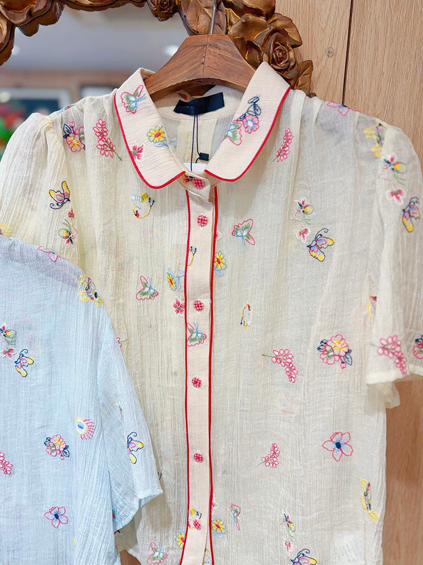 Floral Embroidered Contrast Piping Blouse(2 Colours)