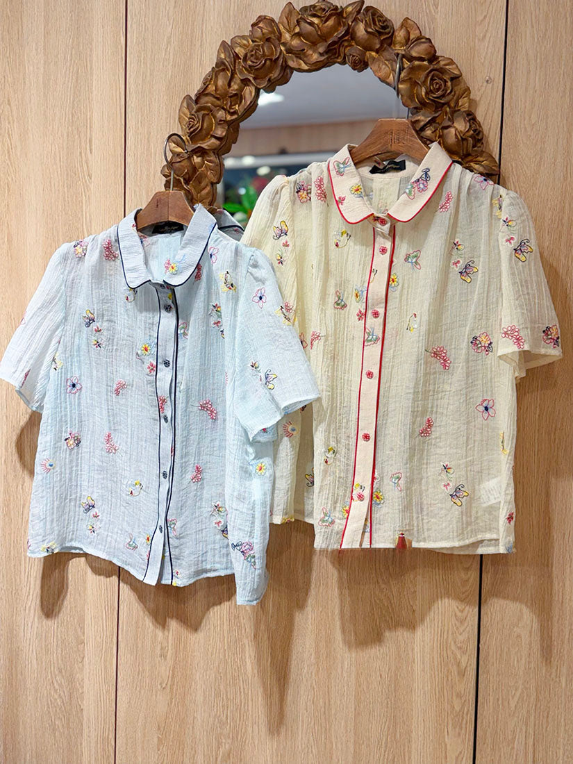 Floral Embroidered Contrast Piping Blouse(2 Colours)